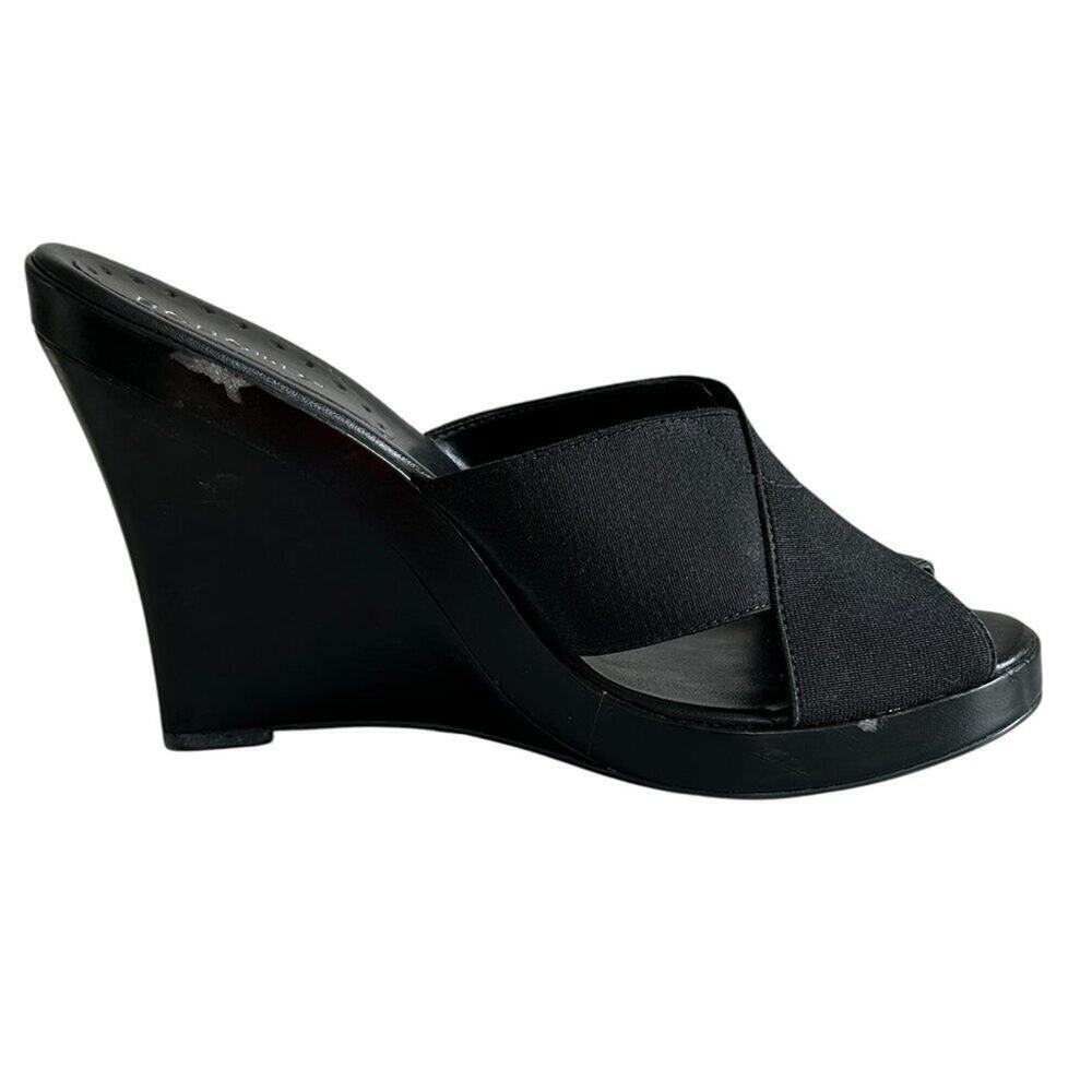 BCBGirls Black Elastic Crossover Platform Wedges Slip-On Sandals Heels Size 10‎